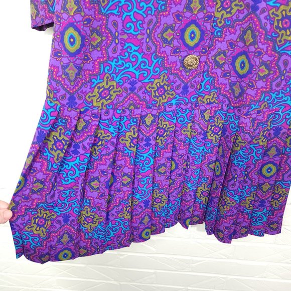 Vintage Leslie Fay Purple Blue Stain Glass Kaleidoscope Print Dress Pleat Skirt - Picture 3 of 7